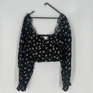 H&M Floral Bustier Cropped Linen Blend Long Sleeve Smocked Blouse